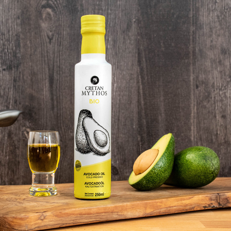 Cold pressed Organic Avocado Oil from Cretan Mythos. Unrefined and extracted with cold press technique gives the Avocado Oil a mild, soft and buttery taste with its greenish colour from avocados.Cretan Mythos,  